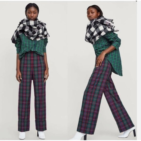 Zara Burgundy & Green Plaid Wide-Leg Cuffed Trousers - Size L - Picture 1 of 10